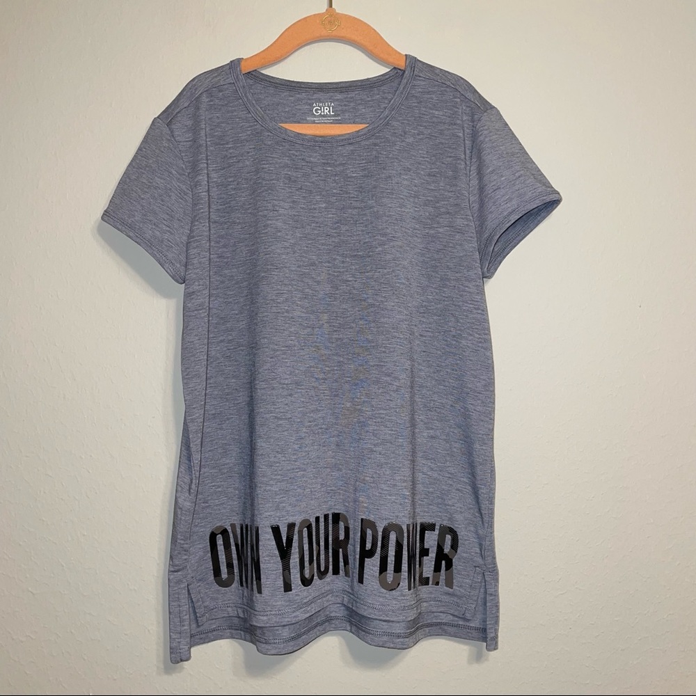 Athleta Girl Gray “OWN YOUR‎ POWER” Soft Tee Shirt Short Sleeve Size L/12